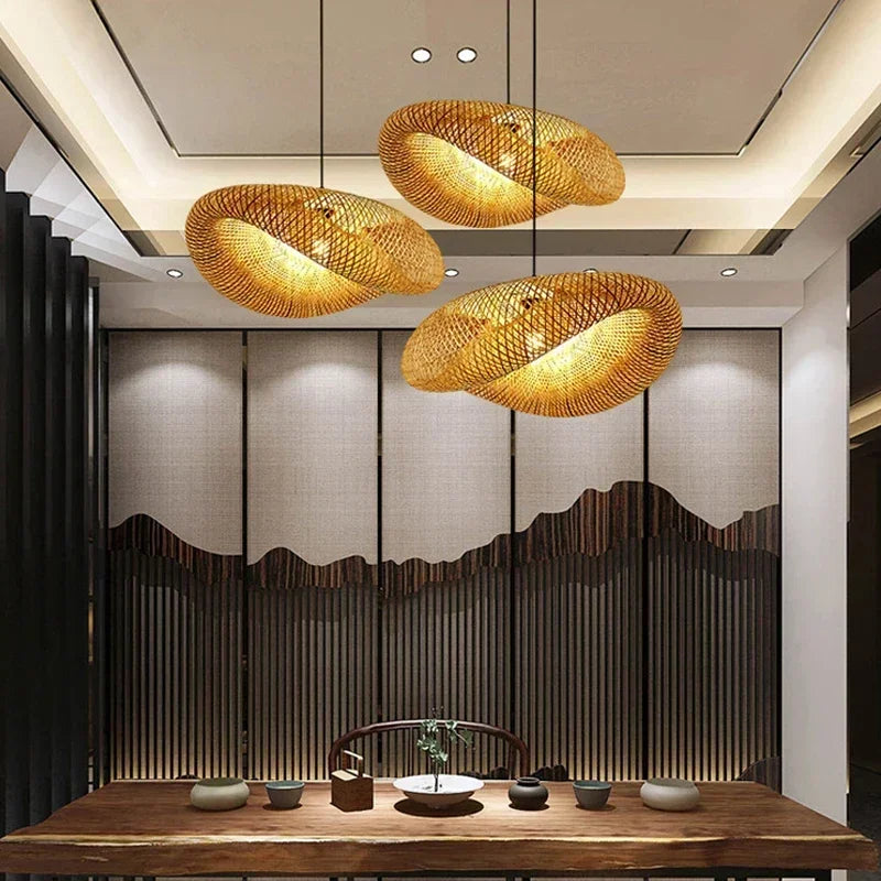 40/60/80cm Bamboo Weaving Chandelier Unique Home Decor LED Pendant Light Handmade Vintage Ceiling Lamp for Dining Living Room