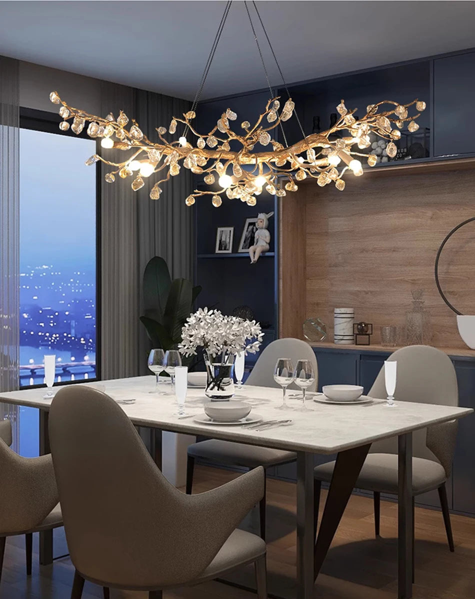 Art Design Copper Chandelier Modern Crystal Stone Plafondlamp Living Decoration Led Dining Room Suspension Luminair Villa Lights