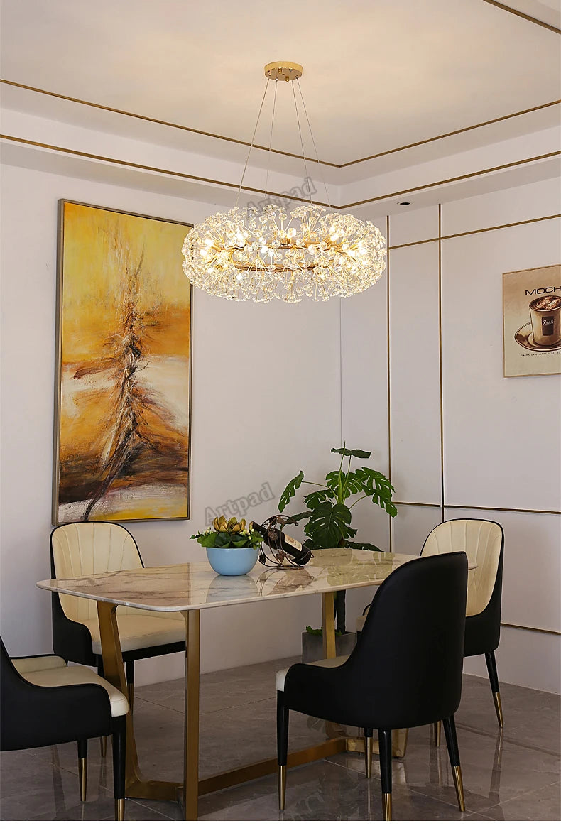 Dandelion Crystal Chandelier Ring Lighting for Living Room Home Decor Pendant Chandelier Gold Led Haniging Lights Luxury Kitchen