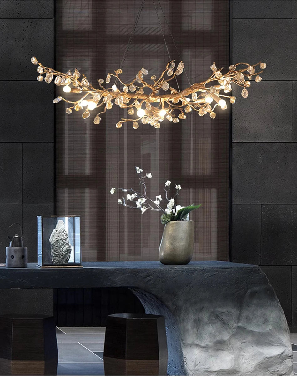 Art Design Copper Chandelier Modern Crystal Stone Plafondlamp Living Decoration Led Dining Room Suspension Luminair Villa Lights