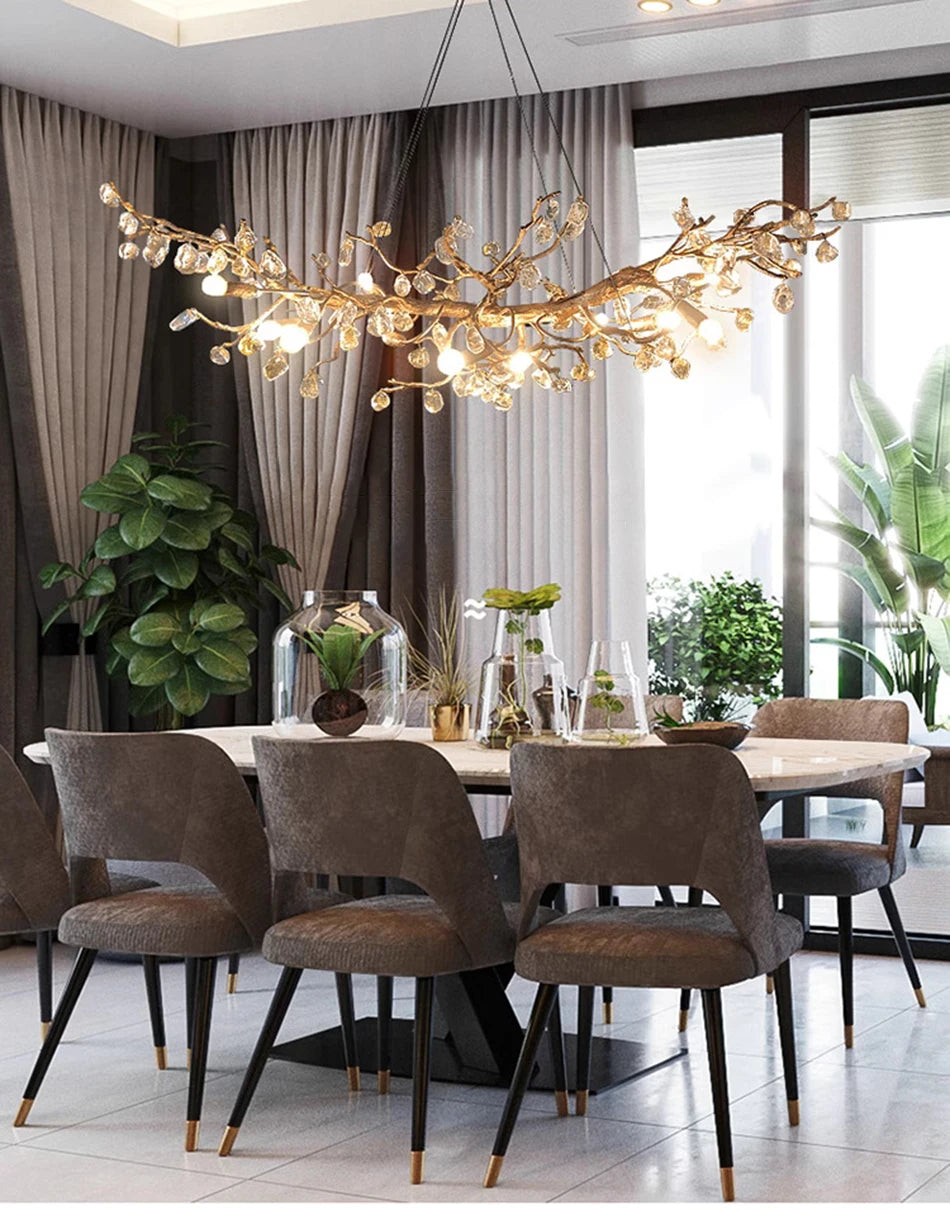 Art Design Copper Chandelier Modern Crystal Stone Plafondlamp Living Decoration Led Dining Room Suspension Luminair Villa Lights