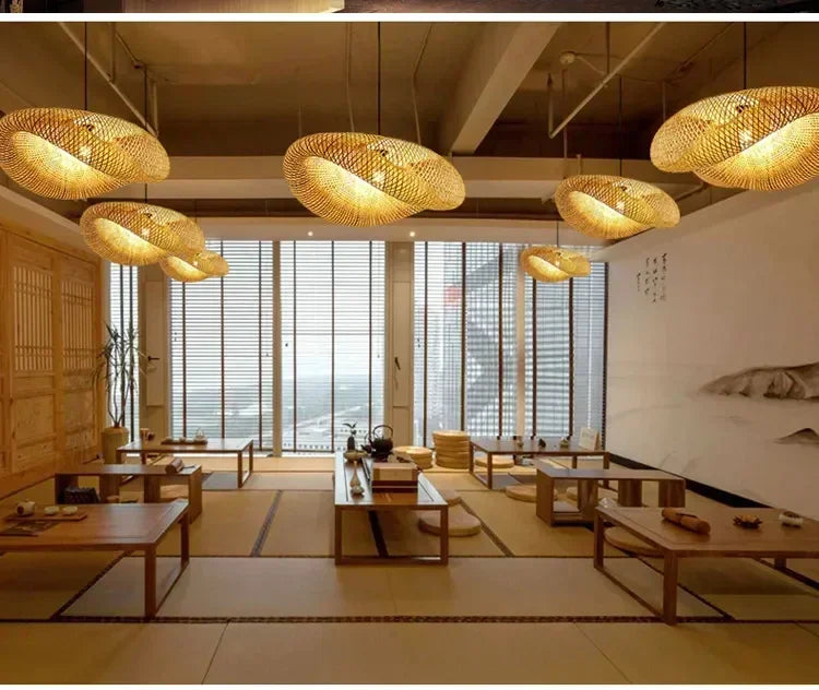 40/60/80cm Bamboo Weaving Chandelier Unique Home Decor LED Pendant Light Handmade Vintage Ceiling Lamp for Dining Living Room