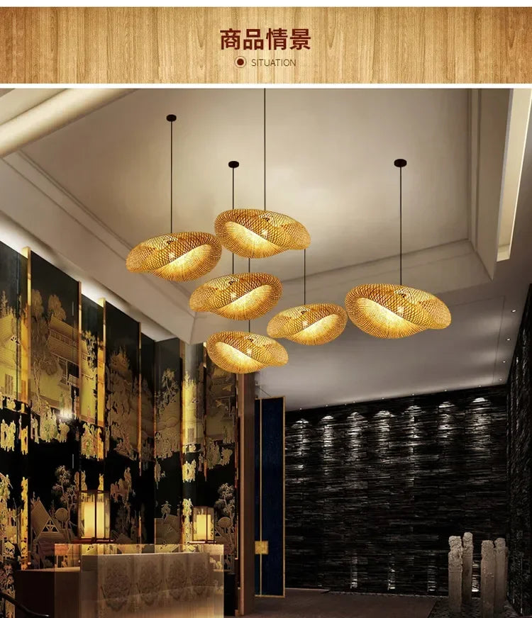 40/60/80cm Bamboo Weaving Chandelier Unique Home Decor LED Pendant Light Handmade Vintage Ceiling Lamp for Dining Living Room